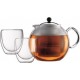 Bodum assam set théiere a piston - 1,5 l - avec 2 verres double paroi pavina 0,25 l BOD0727015098609